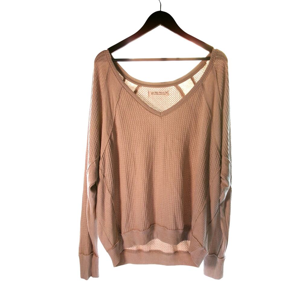 We The Free Free People Waffle Knit Thermal Top Beige Long Sleeve L